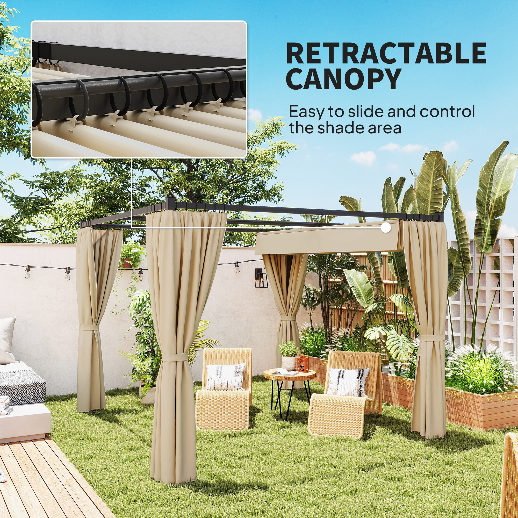 3 X 3(m) Retractable Pergola, Garden Gazebo Shelter With Curtains, For Grill, Patio, Deck, Beige - Image 3