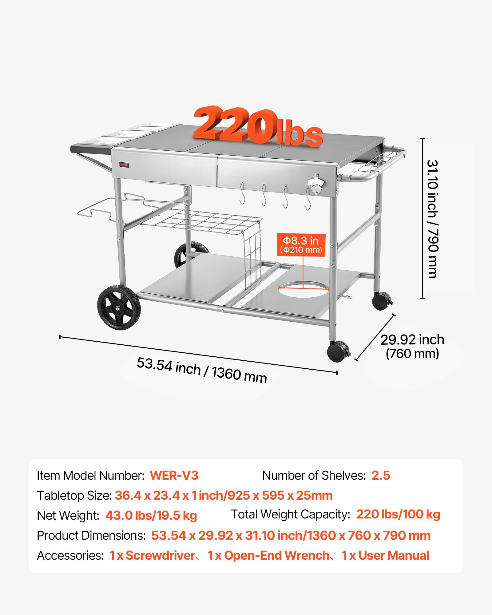 Outdoor Grill Cart, 36.4 X 23.4 X 1 Inch Tabletop Size Grilling Table, Movable Outdoor Cooking Table With 4 Spice Containers, Wheels, Lids, Hooks, BBQ Prep Tables For Picnic, Kitchen, Courtyard - Image 4