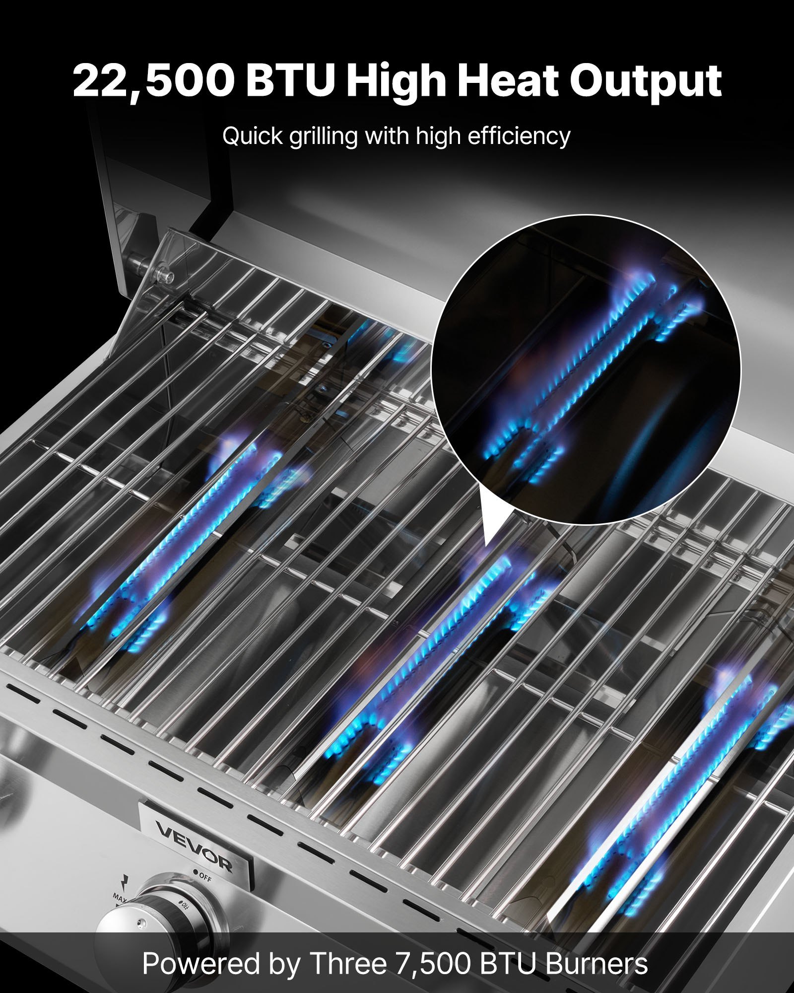 Tabletop Gas Grill, 3-Burner Stainless Steel Portable Propane Grill, With Built-in Thermometer, Travel Locks, Weatherproof Lid, 22,500 BTU Total, For Outdoor Cooking, Patio, Party, Camping, RV - Image 5