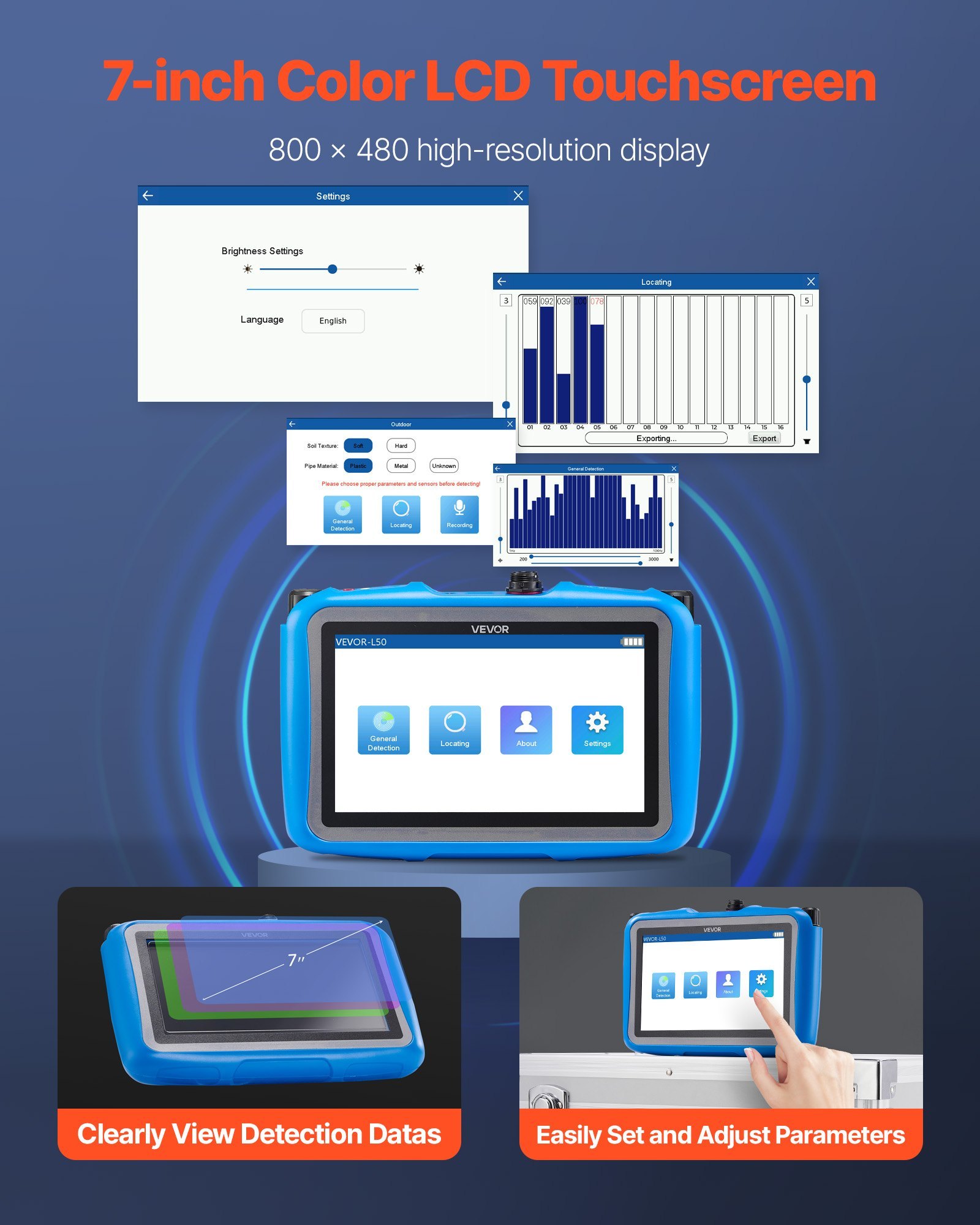 Pipe Water Leak Detector For Indoors, 1Hz-10000Hz, 7" Touchscreen Plumbing Water Leakage Detection Locator With Horizontal & Vertical Sensors, Headphones, 8GB SD Card & Carry Case For Home Use - Image 4