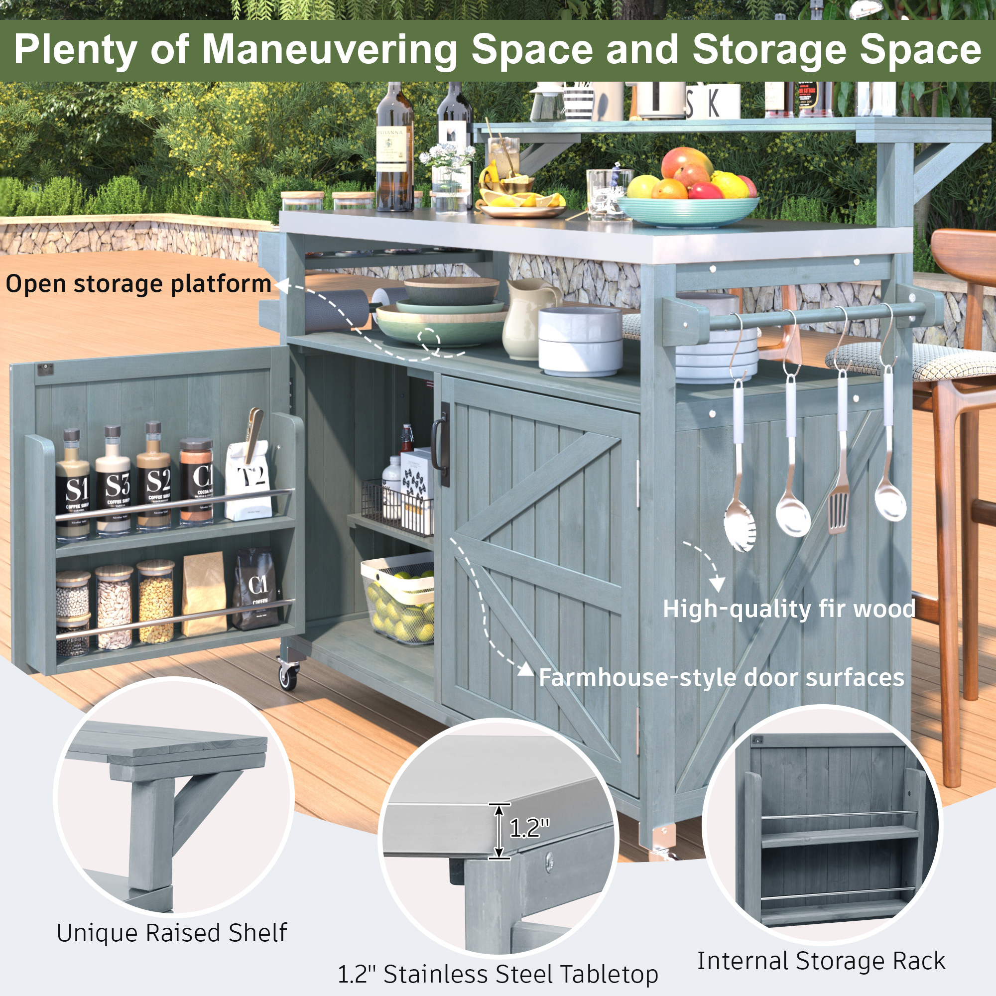 K&K 53.3 Outdoor Kitchen Island With Raised Shelf, Solid Wood Storage Cabinet With Stainless Steel Top, Outdoor Rolling Grill Cart With Internal Storage Rack, Adjustable Shelf, Spice Rack, Grey Blue - Image 3