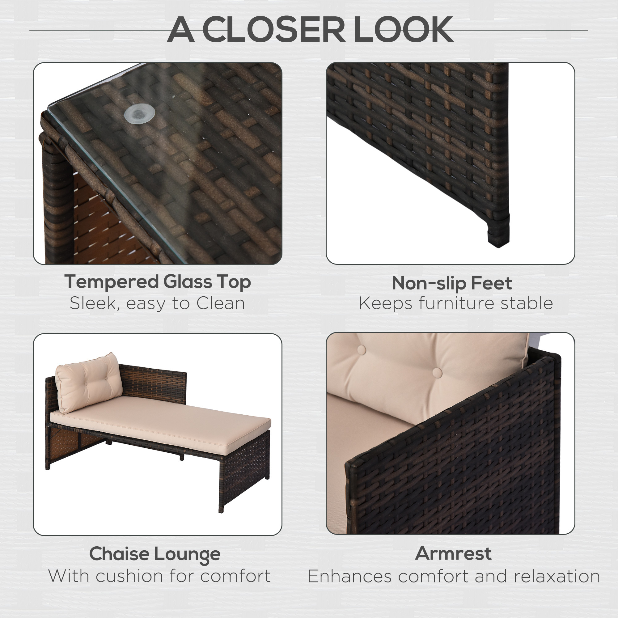 3 Piece Patio Furniture Set, Rattan Outdoor Sofa Set With Chaise Lounge & Loveseat, Soft Cushions, Tempered Glass Table, L-Shaped Sectional Couch, Beige - Image 3