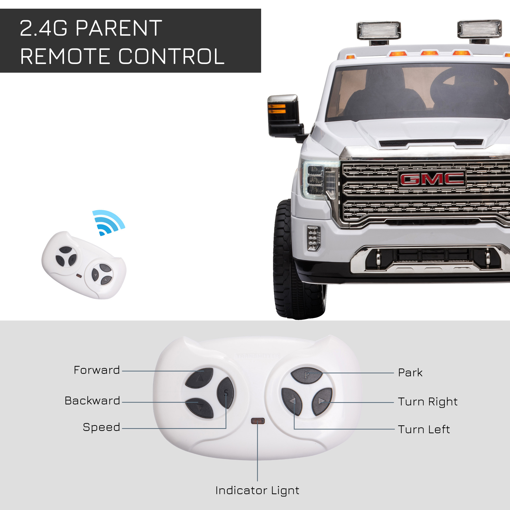 12V Battery Kids GMC Sierra HD Ride On Toy With Remote Control, Bright Headlights & Working Suspension - White - Image 7