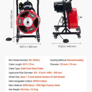 Drain Cleaner Machine 50 FT X 1/2 Inch, Manual Feed Sewer Snake Auger On Wheels - With 4 Cutters & Air-activated Foot Switch For 2" To 6" Pipes
