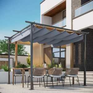 10' X 10' Outdoor Retractable Pergola Canopy, Metal Patio Shade Shelter For Backyard, Porch Party, Garden, Grill Gazebo, Gray