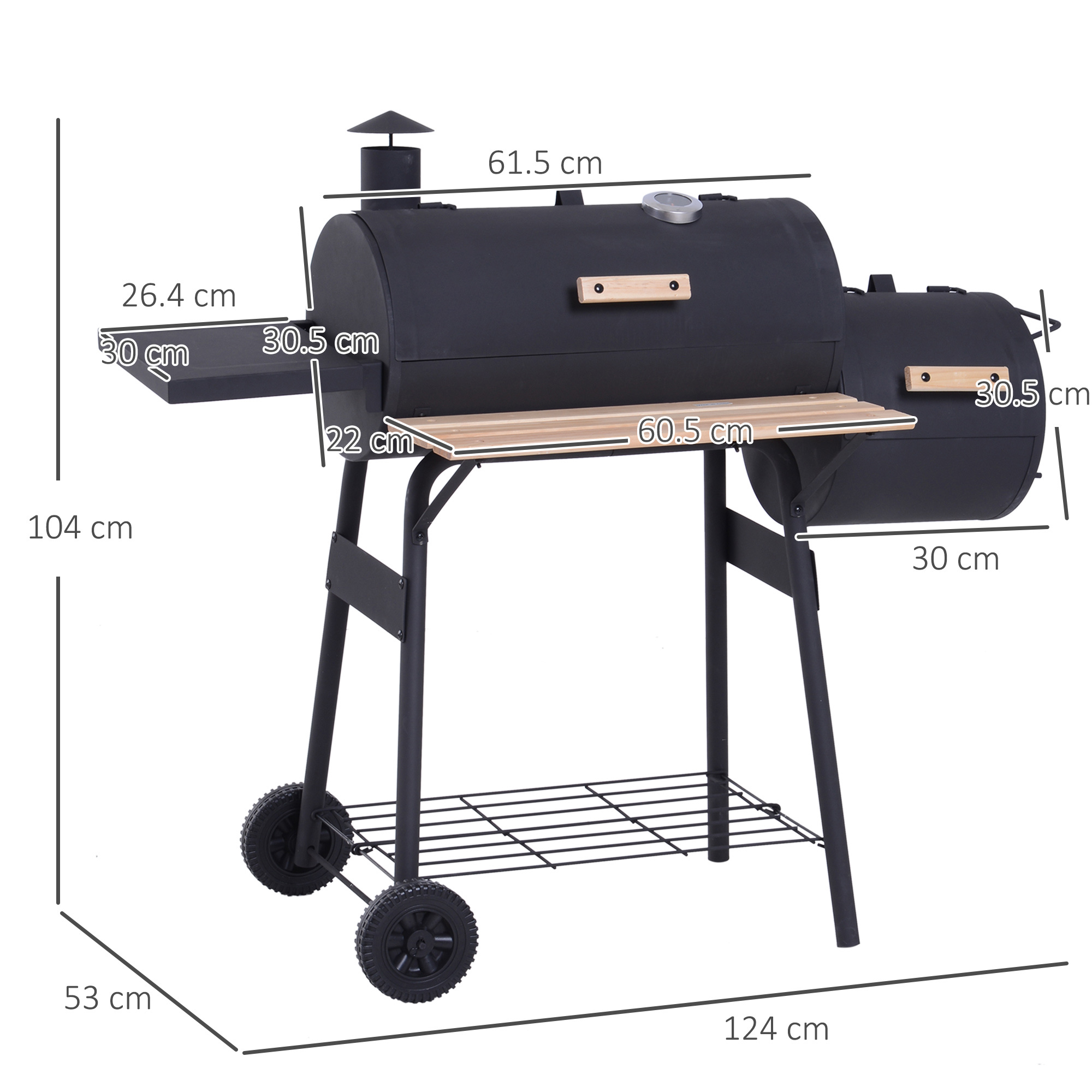 Portable Charcoal BBQ Grill, Cold-rolled Steel, Solid Wood, 104H X 124L X53W Cm-Black - Image 2