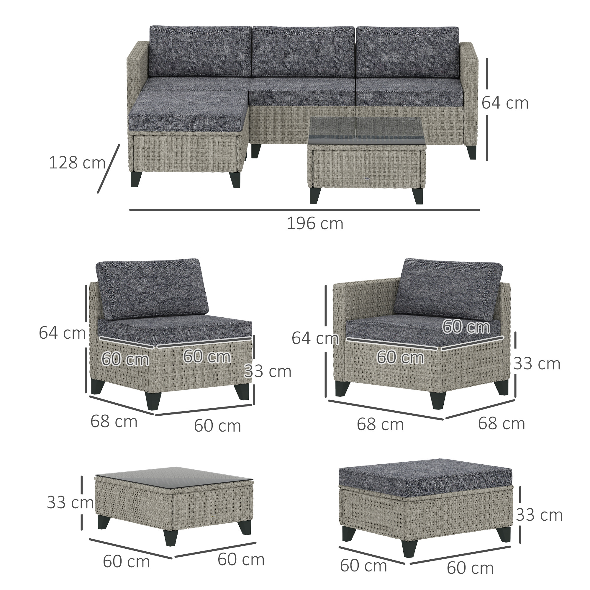 5-Piece Rattan Patio Furniture Set With Corner Sofa, Footstools, Coffee Table, For Poolside, Dark Grey - Image 5