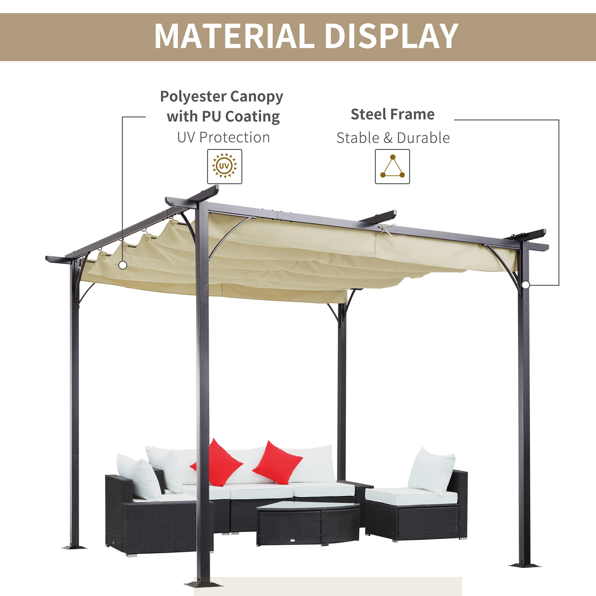 10' X 10' Outdoor Retractable Pergola Canopy, Metal Patio Shade Shelter For Backyard, Porch Party, Garden, Grill Gazebo, Beige - Image 2