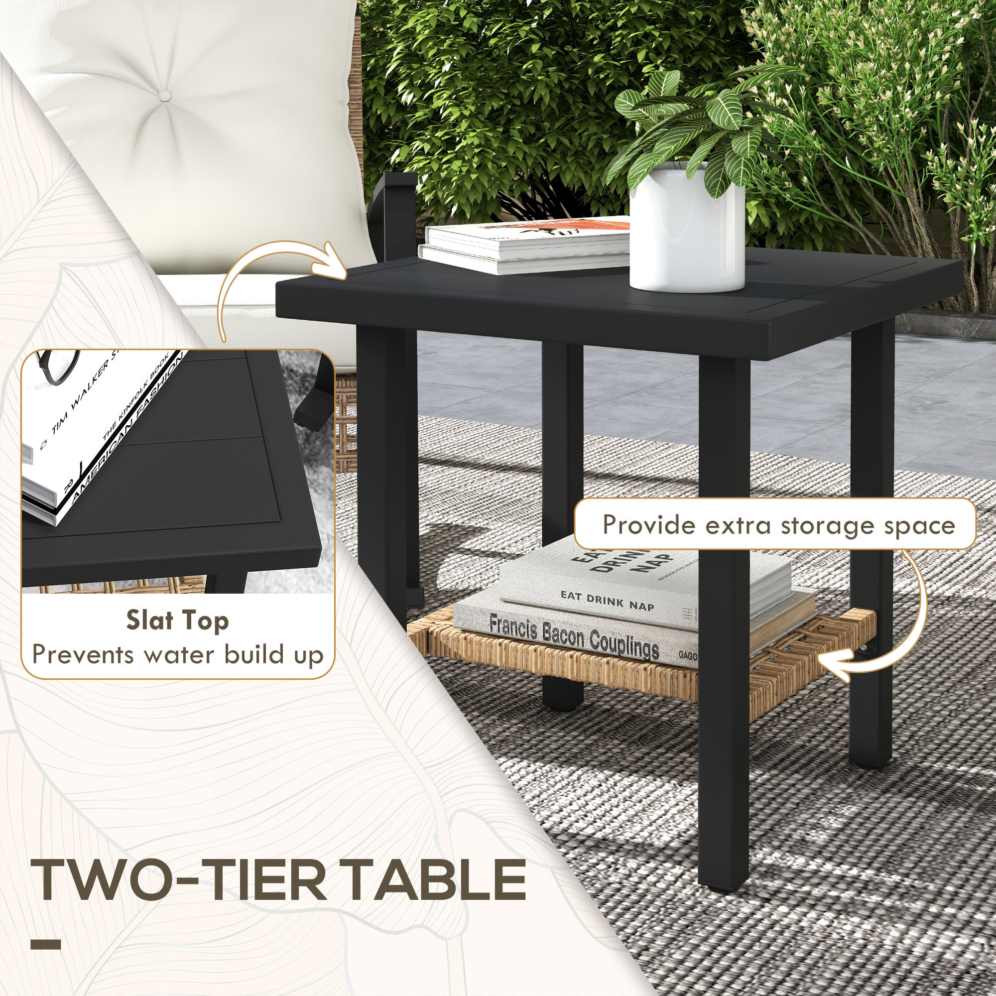 3 Pieces Bistro Set, Patio Wicker Furniture Set With Button Tufted Cushions, Rattan Rocking Chairs, Coffee Table, White - Image 4