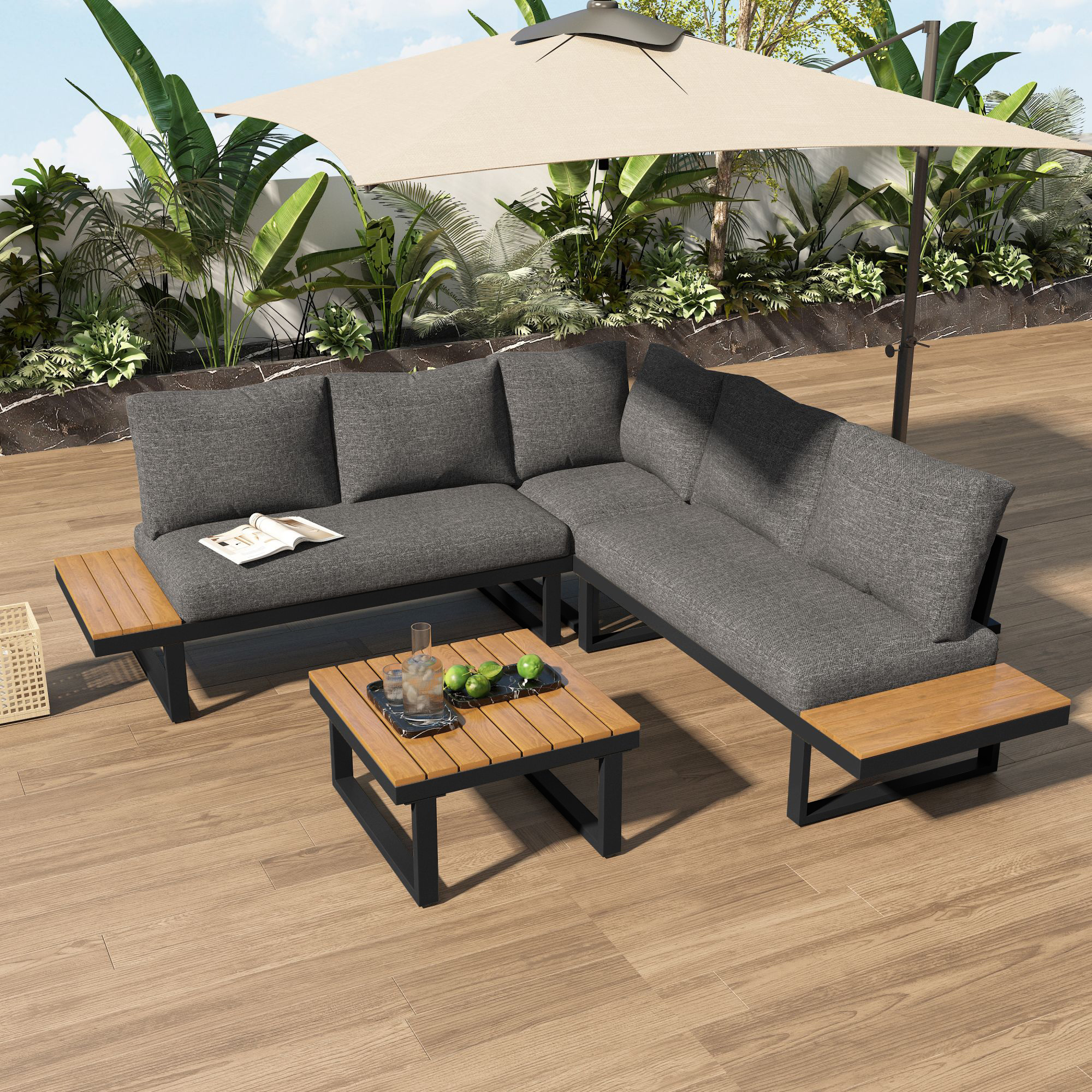 4-5 Seater Garden Lounge Set, Galvanized Iron Frame Outdoor Patio Furniture, 4-Piece Set, Reclining & Adjustable Seating, WPC Tabletop Table Included, Gray Fabric Black Frame - Image 5