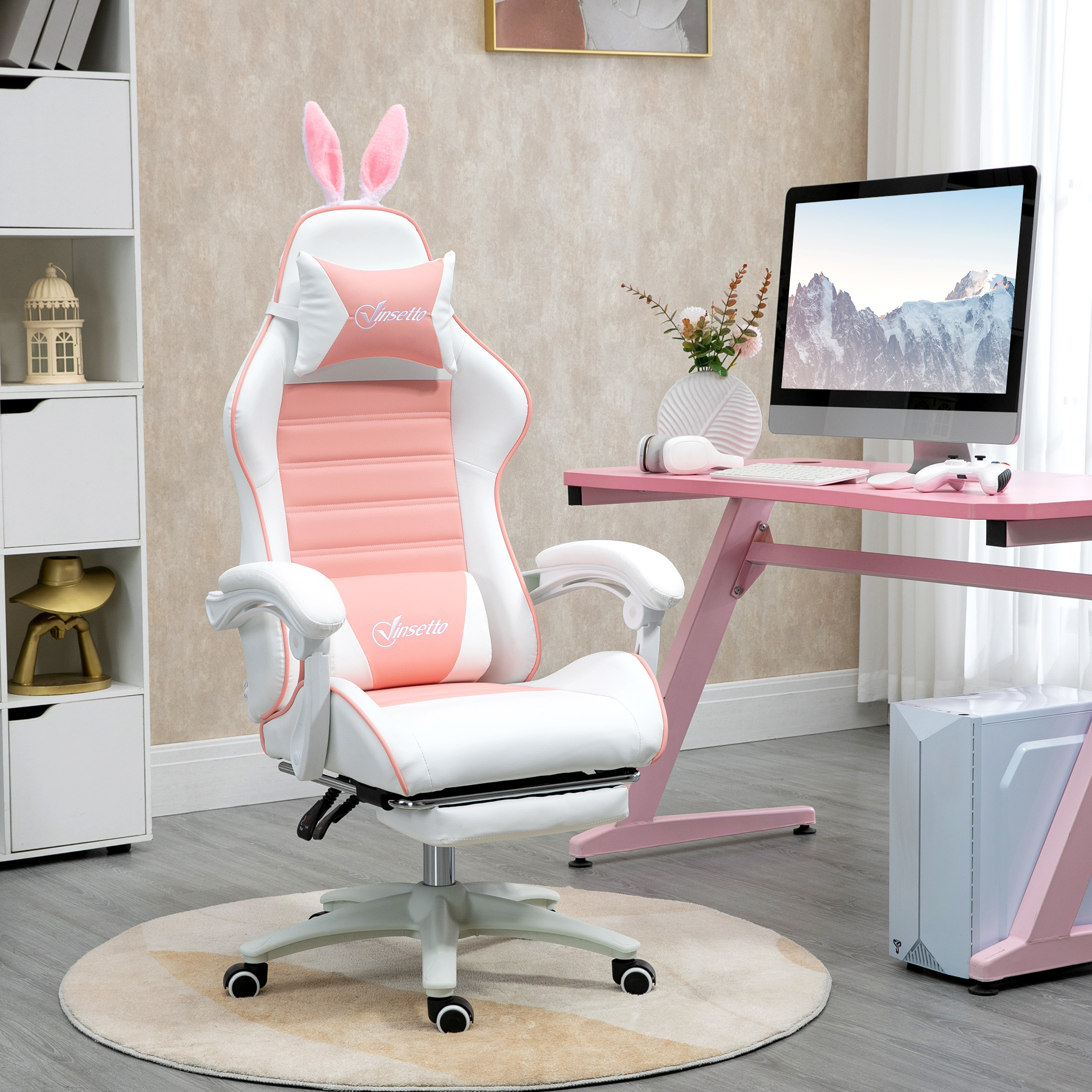 Vinsetto Racing Gaming Chair, Reclining PU Leather Computer Chair With Removable Rabbit Ears, Footrest, Headrest And Lumber Support, Pink - Image 2