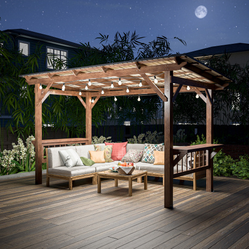13' X 6.5' Wooden Pergola Grill Gazebo With Metal Roof & Bulbs & Bar Counters - Image 5