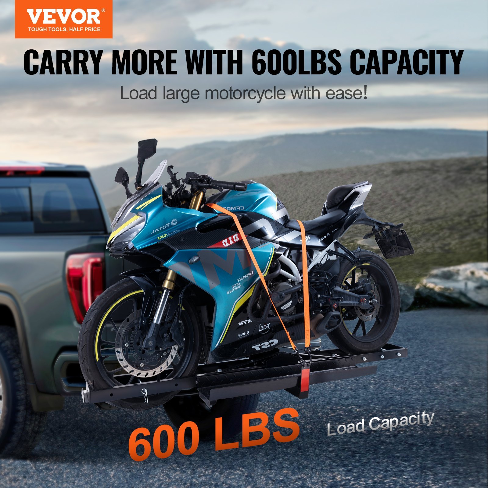 Motorcycle Carrier, 600 LBS Steel Motorcycle Carrier Hitch Mount With Loading Ramp, Scooter Dirt Bike Trailer Hauler With Ratchet Straps And Stabilizer, For Car, Truck With 2 Hitch Receiver - Image 5