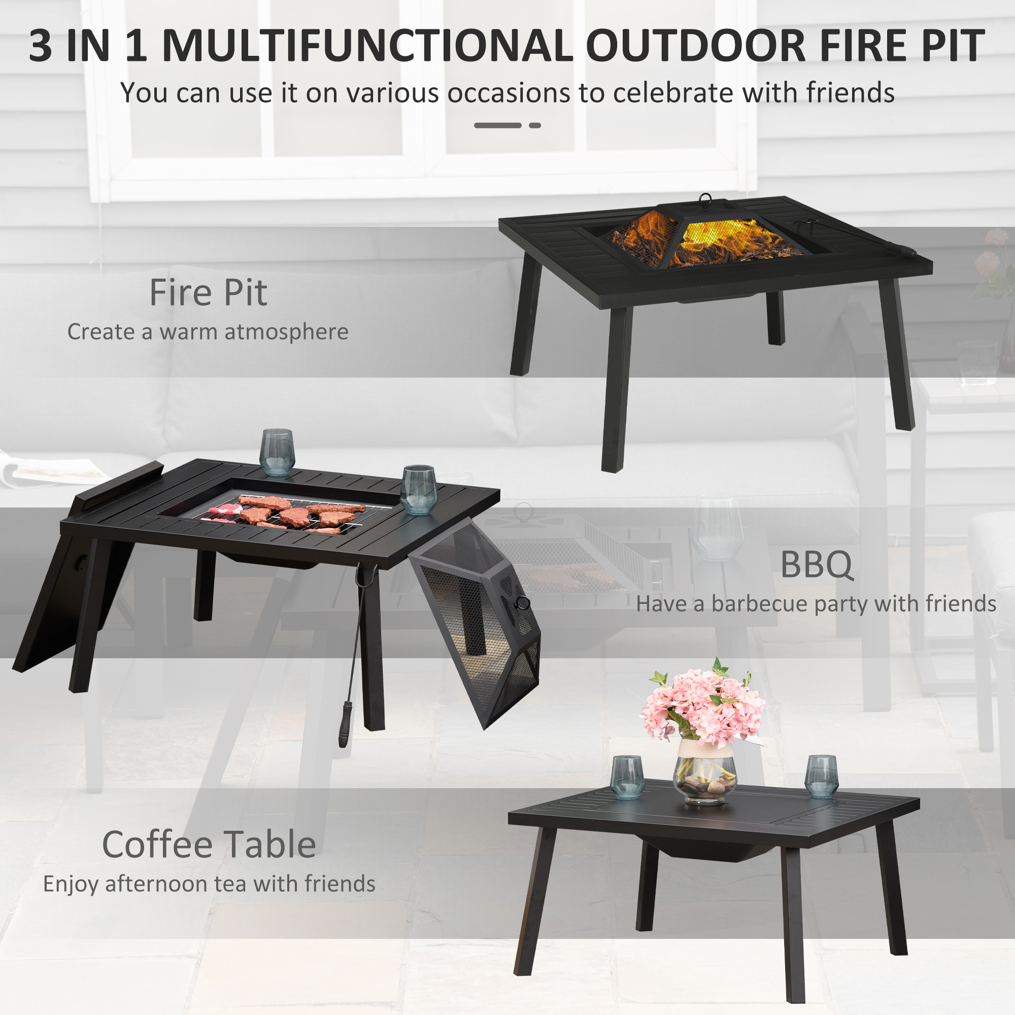 34" Fire Pit With Grill, Metal Outdoor Wood Burning Firepit With Spark Screen, Fire Poker, Cover, Table Lip, Black - Image 2