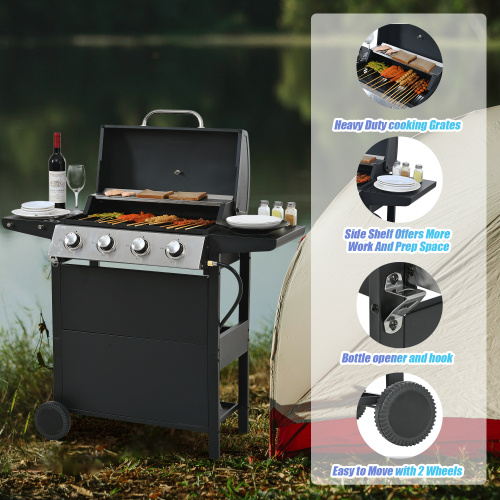 Propane Gas Grill 4 Burner Barbecue Grill, Stainless Steel 34,000 BTU Patio Garden Barbecue Grill With Two Shelves, Lid, Wheels And Bottle Opener - Image 6