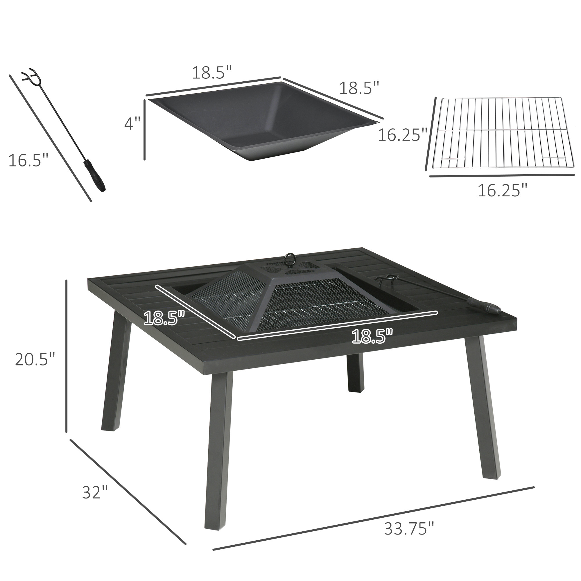 34" Fire Pit With Grill, Metal Outdoor Wood Burning Firepit With Spark Screen, Fire Poker, Cover, Table Lip, Black - Image 4