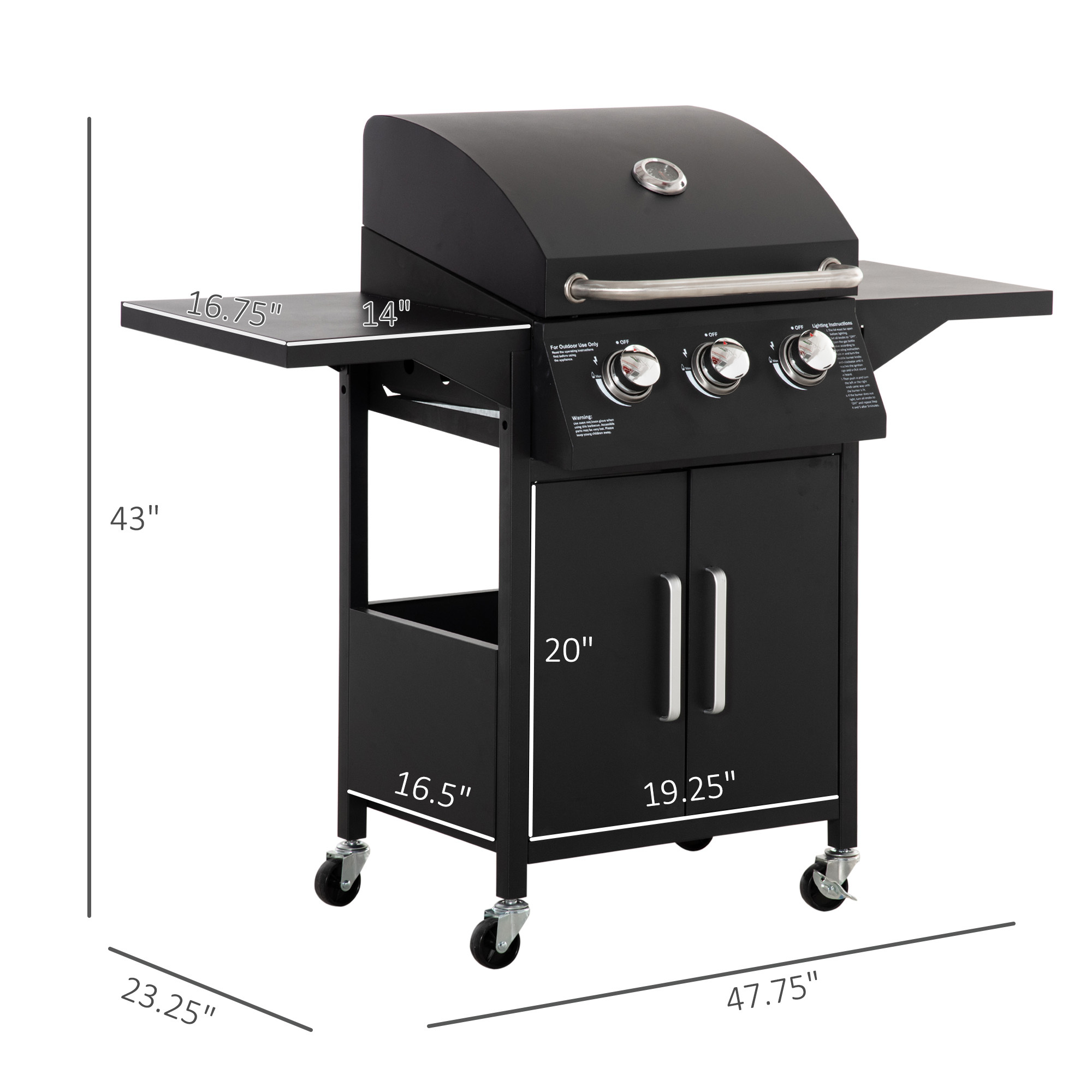 Outdoor 3 Burner Gas Grill Portable Barbecue W/ Wheels, Warming Rack, Shelves, Cabinet, Thermometer, Black - Image 3