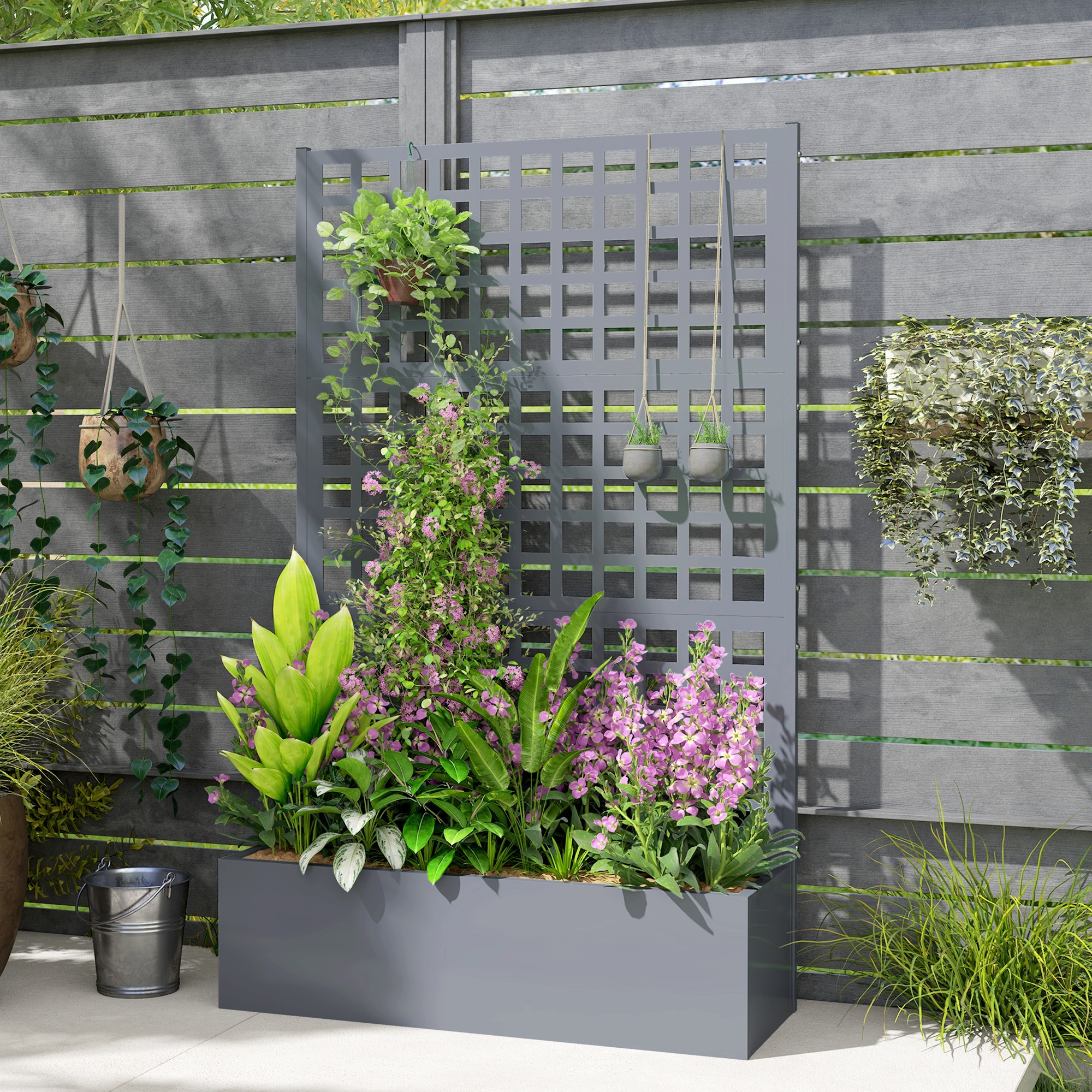 Galvanized Raised Garden Bed Planter Box with Trellis for Climbing Plants, Vegetable, Vines, 43" x 16" x 70", Gray - Image 3