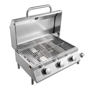 Tabletop Gas Grill, 3-Burner Stainless Steel Portable Propane Grill, With Built-in Thermometer, Travel Locks, Weatherproof Lid, 22,500 BTU Total, For Outdoor Cooking, Patio, Party, Camping, RV