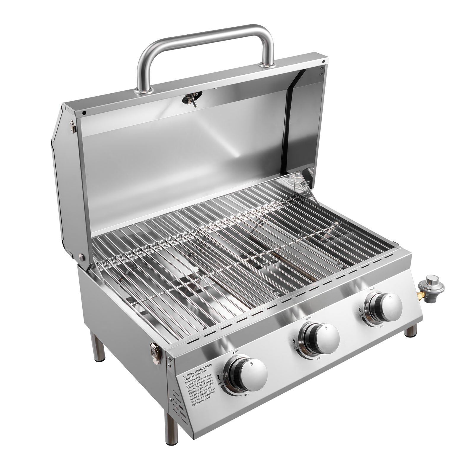 Tabletop Gas Grill, 3-Burner Stainless Steel Portable Propane Grill, With Built-in Thermometer, Travel Locks, Weatherproof Lid, 22,500 BTU Total, For Outdoor Cooking, Patio, Party, Camping, RV