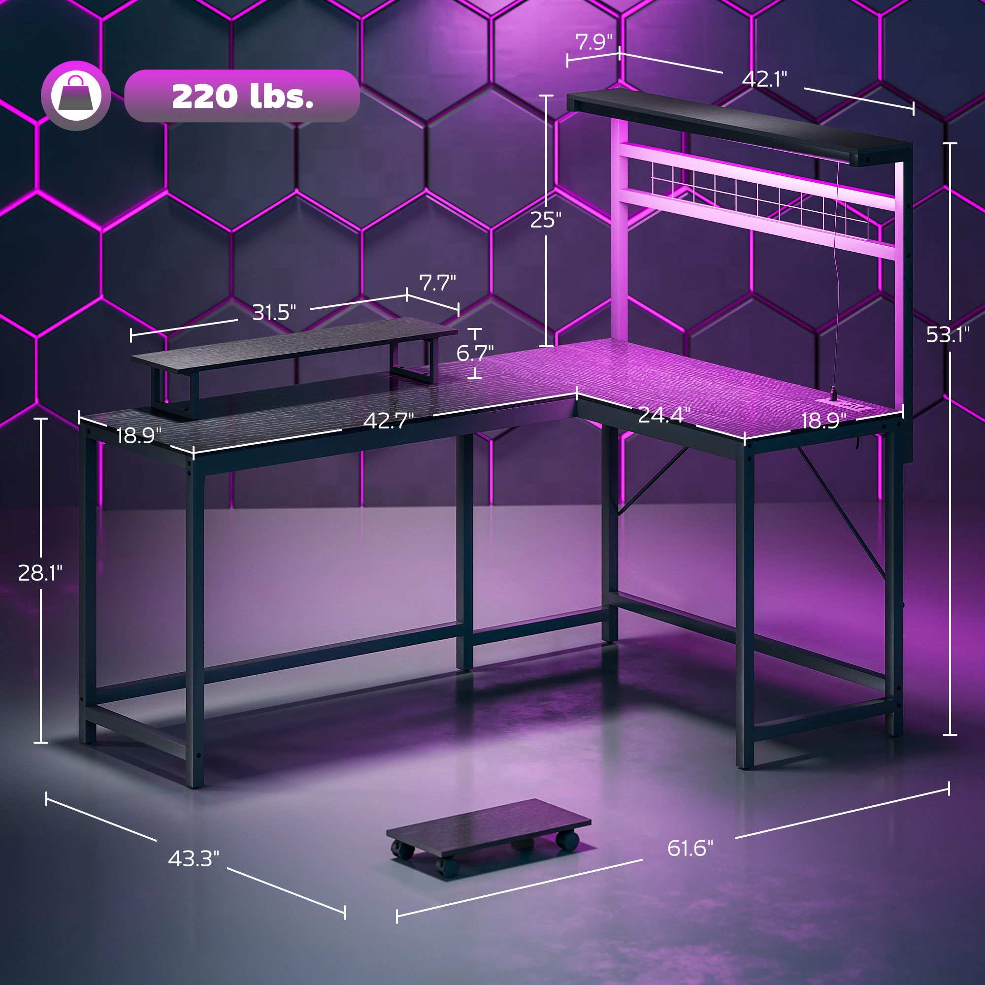 61.6" L Shaped Gaming Desk With Power Outlets & LED Lights, Computer Desk With Monitor Stand And CPU Shelf, Black - Image 2