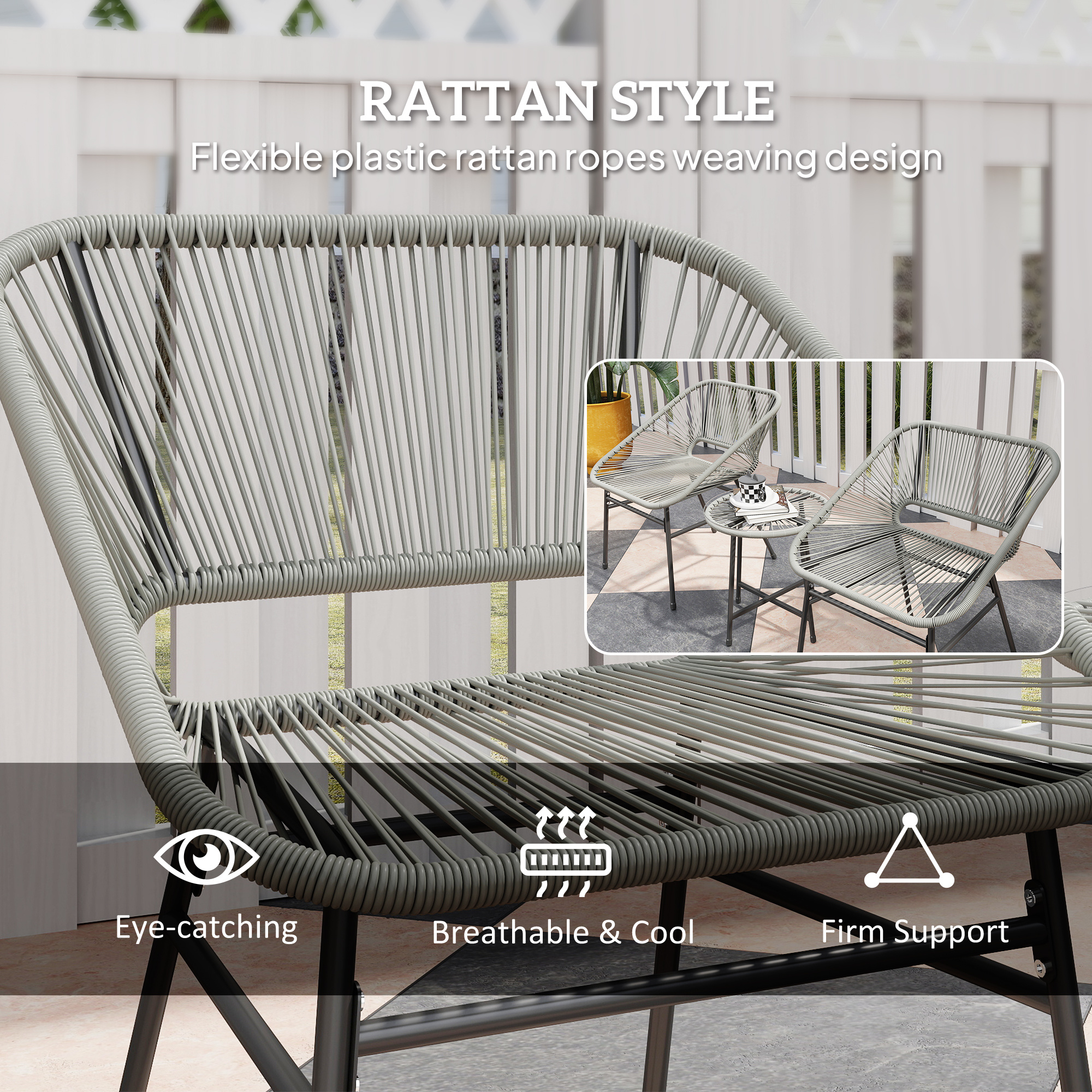 3 Pieces Rattan Bistro Set, Wicker Small Garden Table And Chairs Set With Cushions And Glass Top Coffee Table, Bistro Garden Furniture Set For Outdoor, Patio, Balcony, Light Grey - Image 4