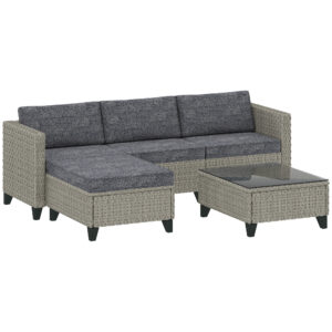 5-Piece Rattan Patio Furniture Set With Corner Sofa, Footstools, Coffee Table, For Poolside, Dark Grey