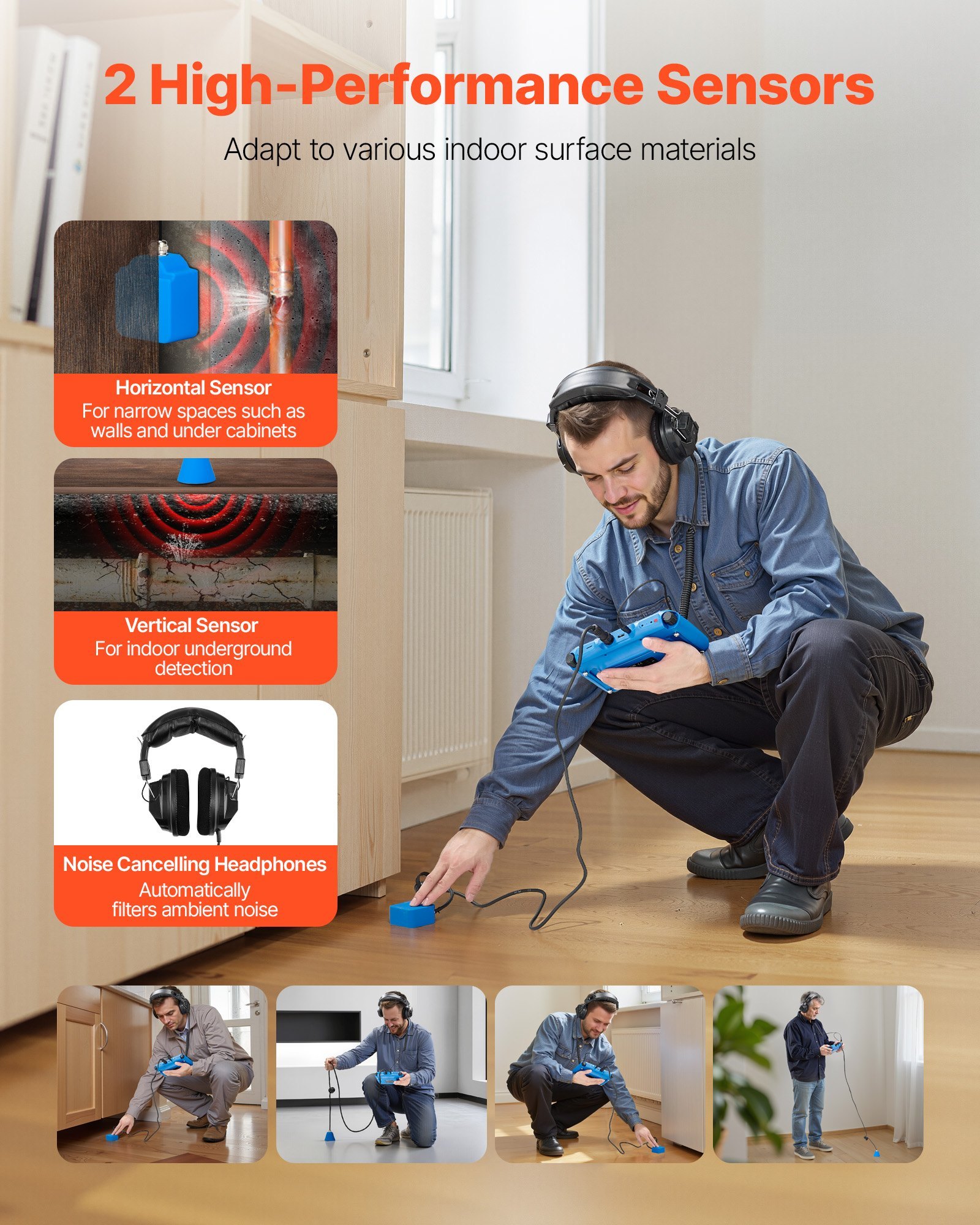 Pipe Water Leak Detector For Indoors, 1Hz-10000Hz, 7" Touchscreen Plumbing Water Leakage Detection Locator With Horizontal & Vertical Sensors, Headphones, 8GB SD Card & Carry Case For Home Use - Image 5