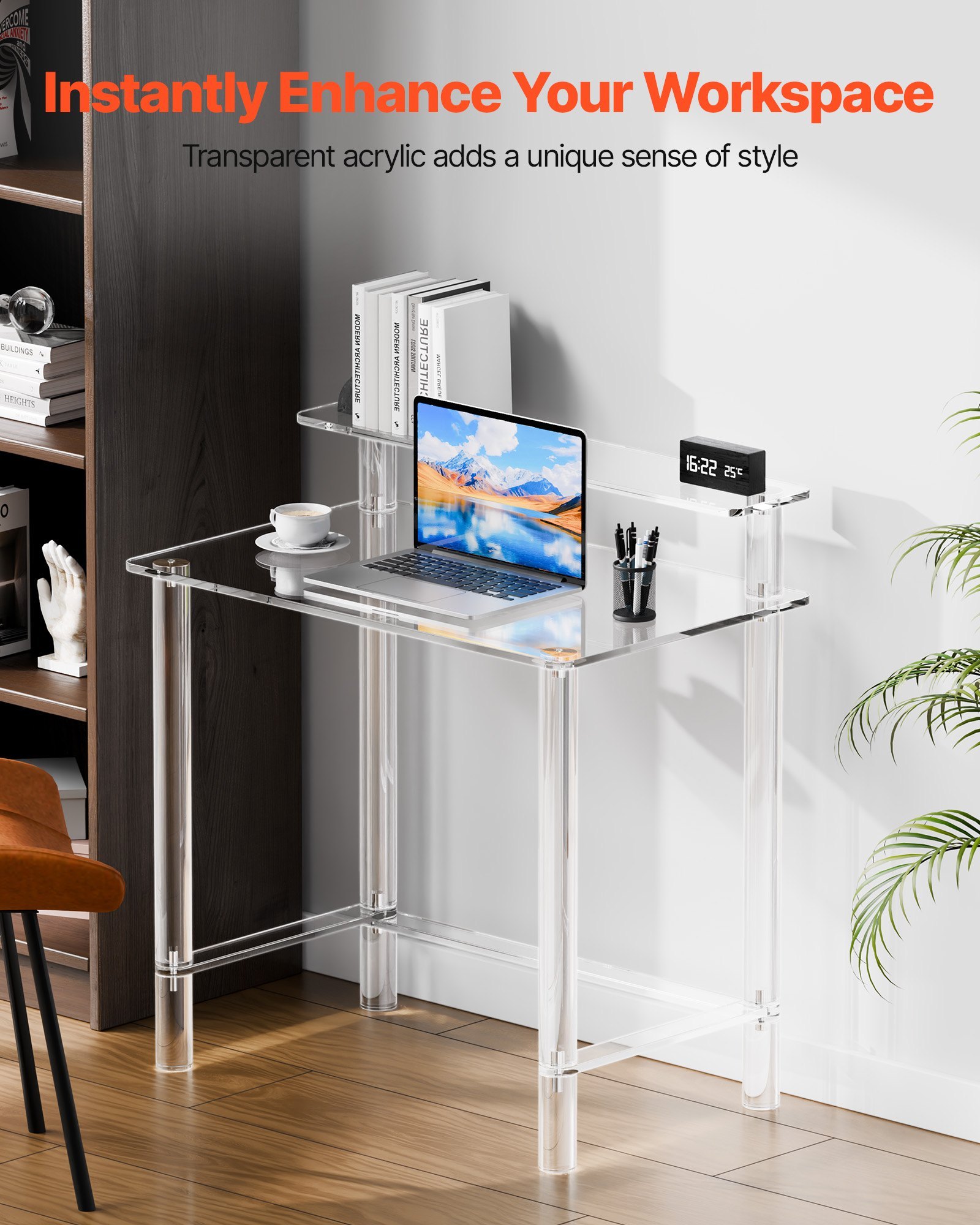 Acrylic Table, 2 Tiers Clear Office Desk With Monitor Stand, Acrylic Study Computer Desk, Modern Side End Table Nightstand For Bedroom, Office, Study, Cloakroom, 19.7 X 31.5 X 34.7 In (Clear) - Image 3