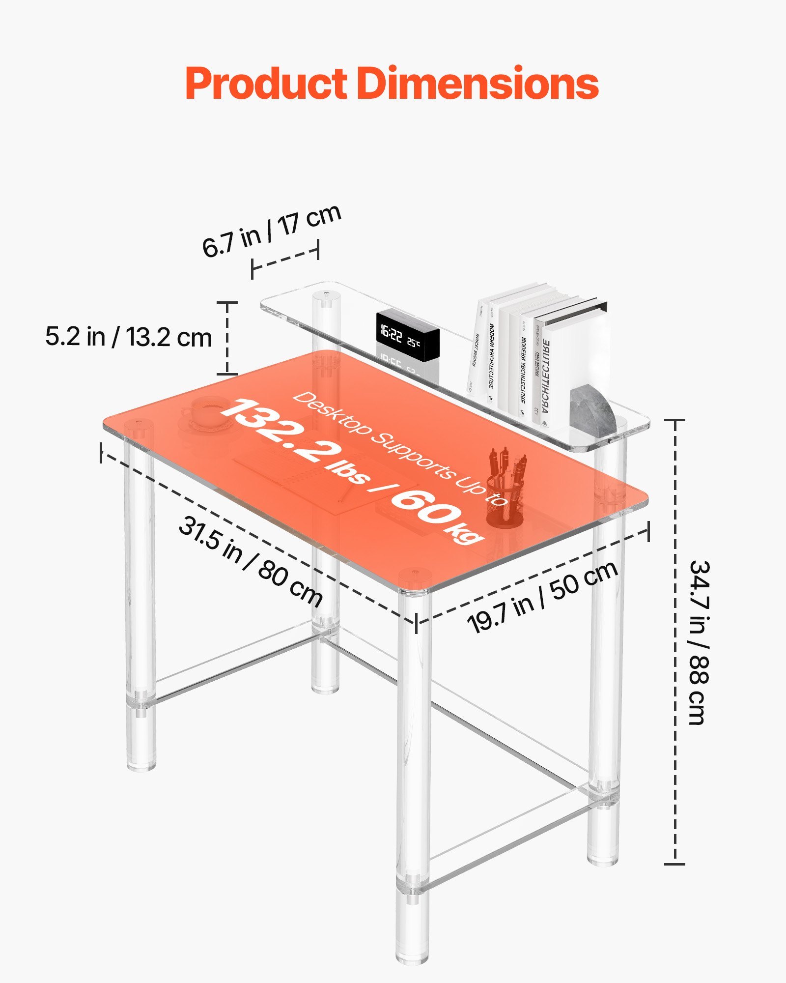 Acrylic Table, 2 Tiers Clear Office Desk With Monitor Stand, Acrylic Study Computer Desk, Modern Side End Table Nightstand For Bedroom, Office, Study, Cloakroom, 19.7 X 31.5 X 34.7 In (Clear) - Image 5