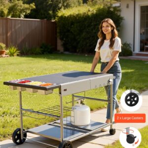 Outdoor Grill Cart, 36.4 X 23.4 X 1 Inch Tabletop Size Grilling Table, Movable Outdoor Cooking Table With 4 Spice Containers, Wheels, Lids, Hooks, BBQ Prep Tables For Picnic, Kitchen, Courtyard