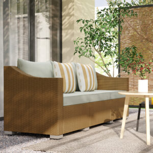 Rattan Wicker 3 Seater Patio Couch With Cushions, 2 Throw Pillows, Outdoor Furniture Rattan Sofa, Light Gray