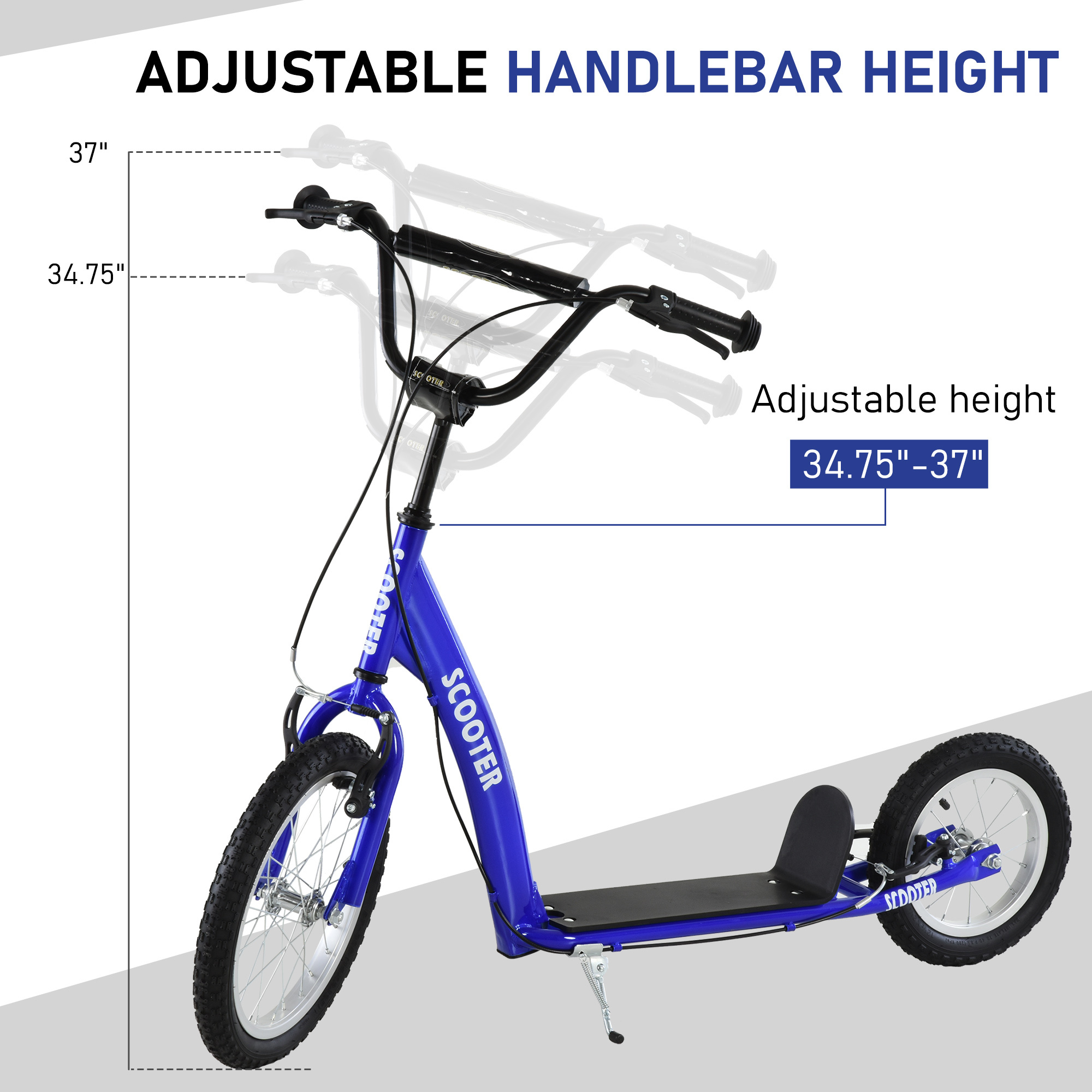 Youth Scooter Kick Scooter For Kids 5+ With Adjustable Handlebar 16" Front And 12" Rear Dual Brakes Inflatable Wheels, Blue - Image 5