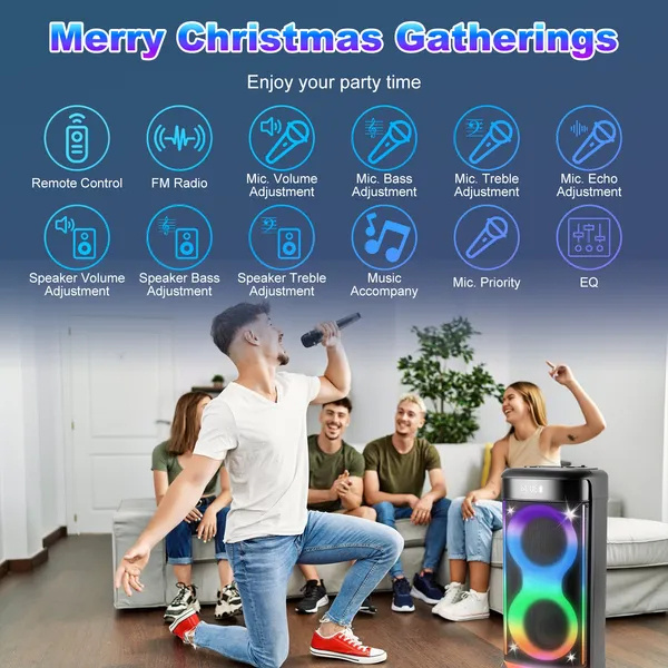 Portable Wireless Party Speaker With LED Light Wireless Mic Remote Control TWS Treble Bass Mic. Echo Music Accompany Mic. Priority Guitar In - Image 10