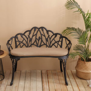 Tulip Patio Garden Bench Metal Park Bench Cast Aluminum Outdoor Furniture With Floral Rose For Patio Park,Lawn,YardBlack Withe Cushion