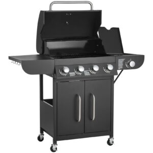 Gas Grill, 4 Burner Propane Gas Grill With Side Burner, 425 SQ.In Grilling Area, Carbon Steel Enamel Grates, Outdoor 52,000 BTU Patio Garden BBQ Grills With Two Side Shelves, Carbon Steel