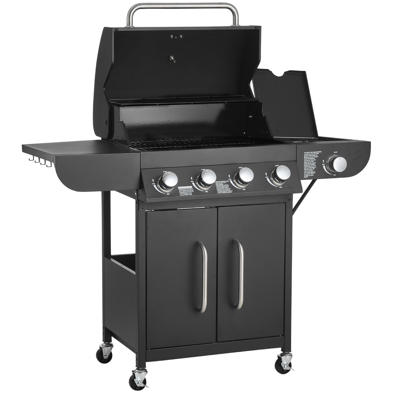 Gas Grill, 4 Burner Propane Gas Grill With Side Burner, 425 SQ.In Grilling Area, Carbon Steel Enamel Grates, Outdoor 52,000 BTU Patio Garden BBQ Grills With Two Side Shelves, Carbon Steel