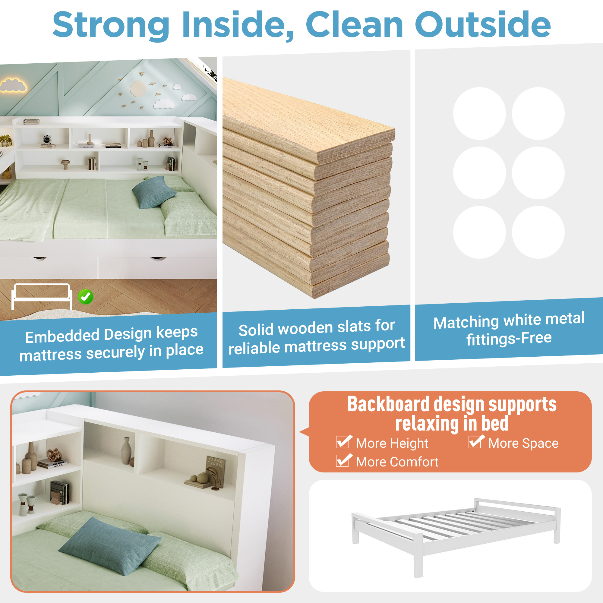 Double Daybed With Bookcase & Computer Desk, 4ft6 Sofa Bed With Storage, Drawers & USB Type-C Port, 135 X 190 Cm Multi-functional Wooden Bed Frame For Living Room Bedroom, White No Mattress - Image 5