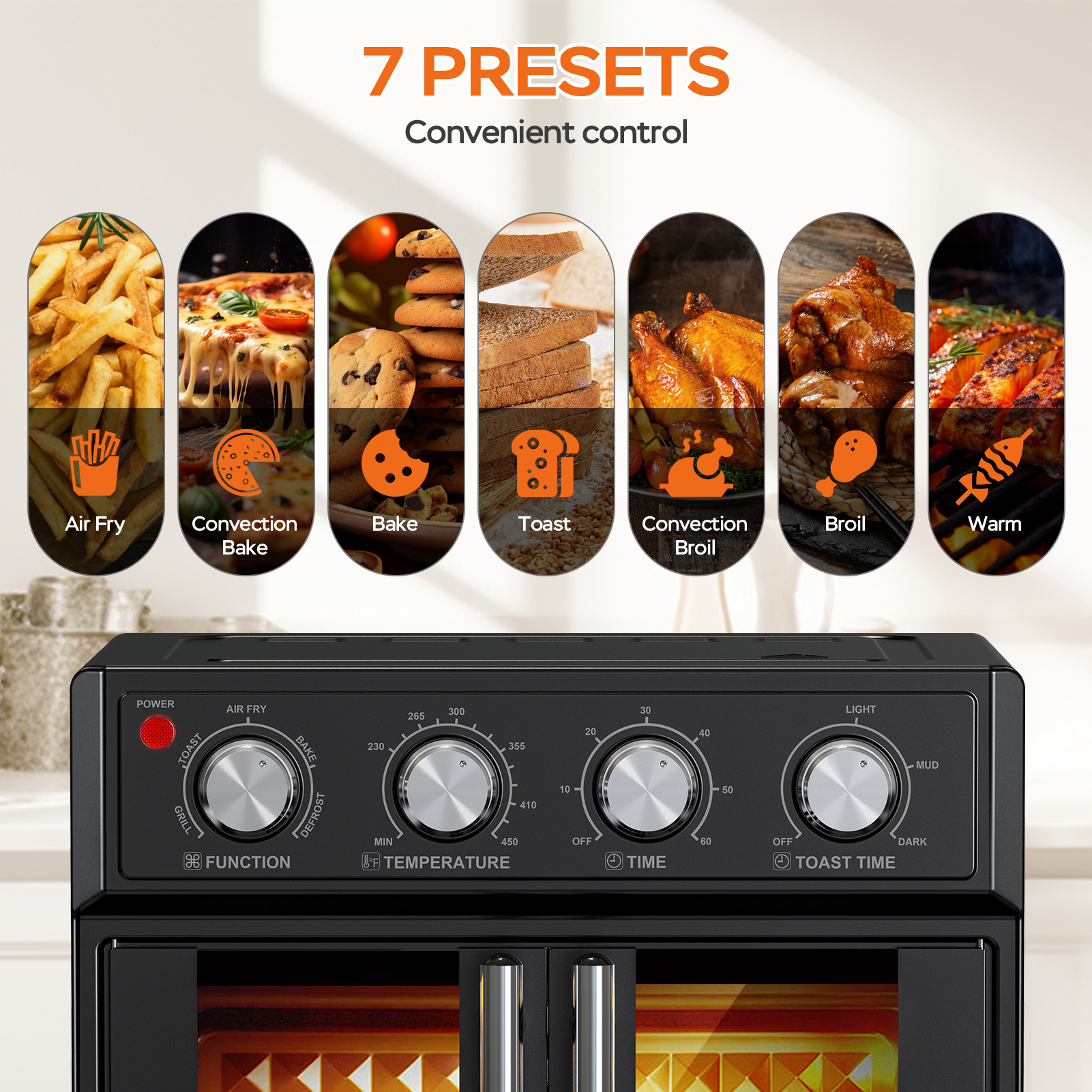 29.5 QT Air Fryer Convection Toaster Oven, French Door, 6 Slices, 1700W, Multifunction Oven, Air Fryer, Toast, Grill, Defrost, Bake, Time And Temperature Controls, Black, Amazon Resale Prohibited - Image 8