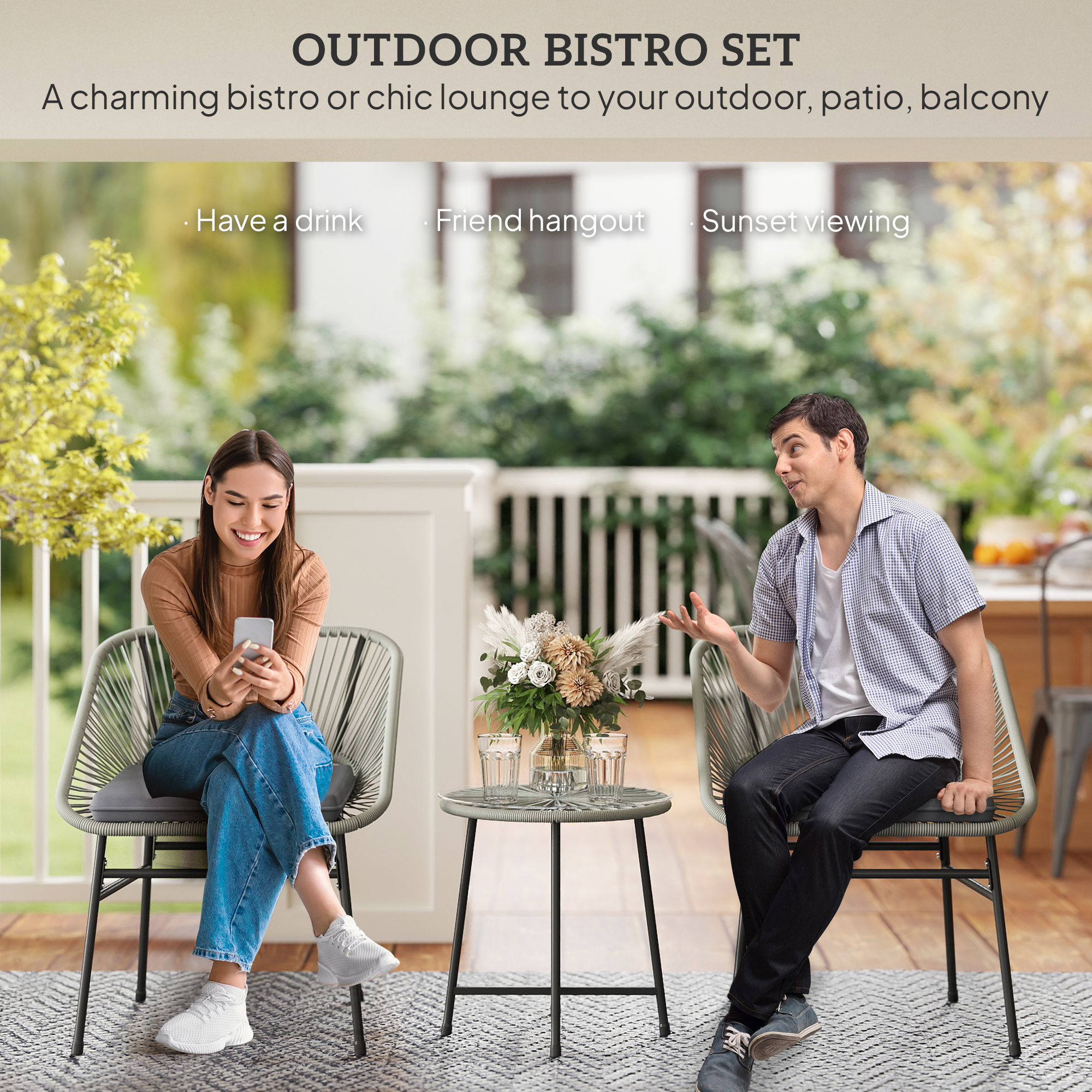 3 Pieces Rattan Bistro Set, Wicker Small Garden Table And Chairs Set With Cushions And Glass Top Coffee Table, Bistro Garden Furniture Set For Outdoor, Patio, Balcony, Light Grey - Image 2