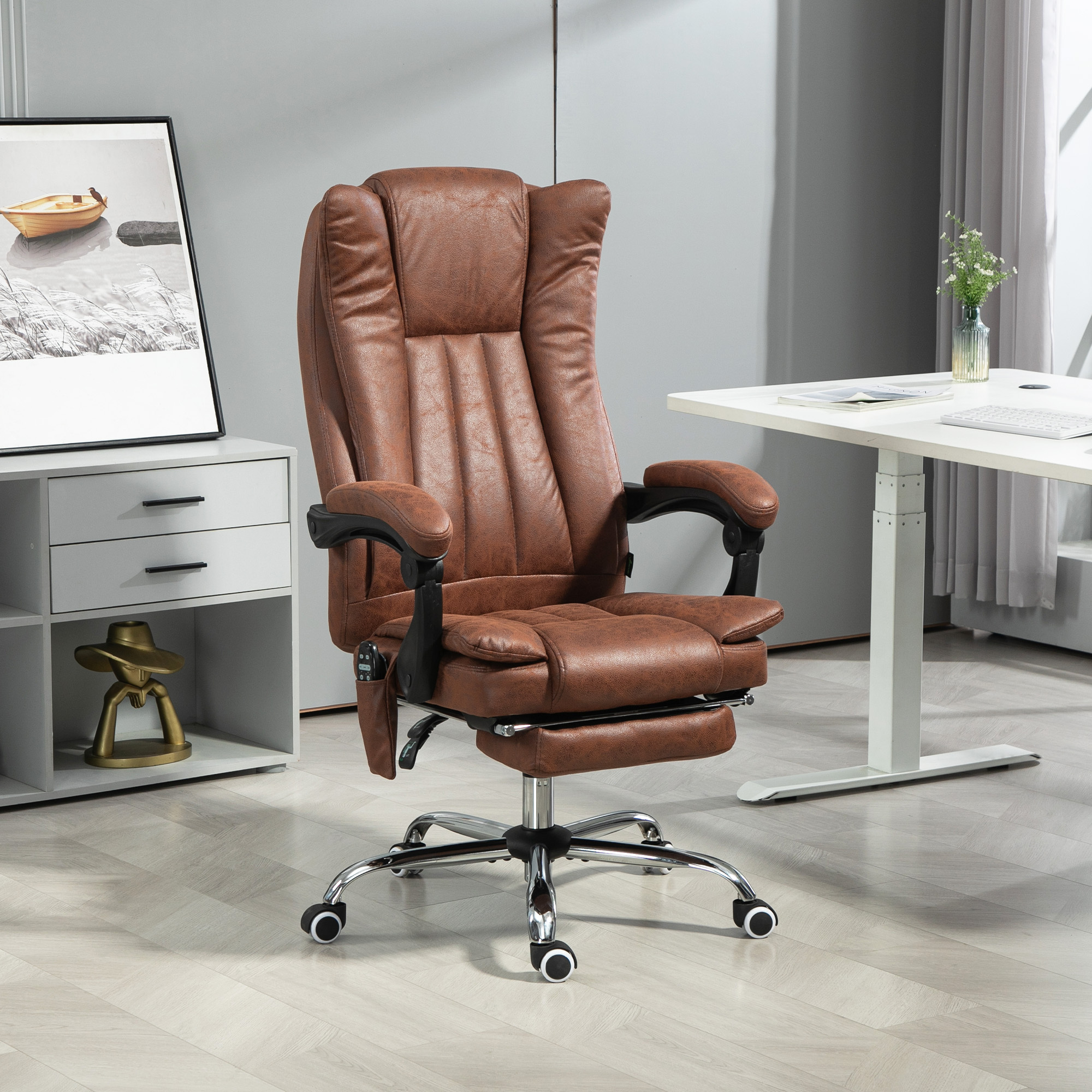 Massage Office Chair With 6 Points And Heat, Reclining Computer Chair With Adjustable Height And Footrest, Brown - Image 3