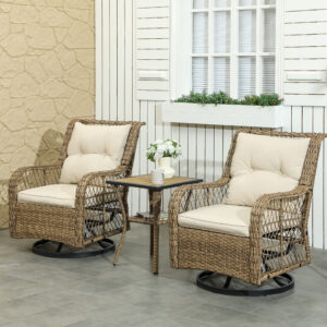 3 Piece Outdoor Bistro Set, Wicker Small Patio Furniture Set With Swivel Glider Chairs For Balcony, Porch, Beige