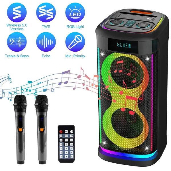 Portable Wireless Party Speaker With LED Light Wireless Mic Remote Control TWS Treble Bass Mic. Echo Music Accompany Mic. Priority Guitar In - Image 4
