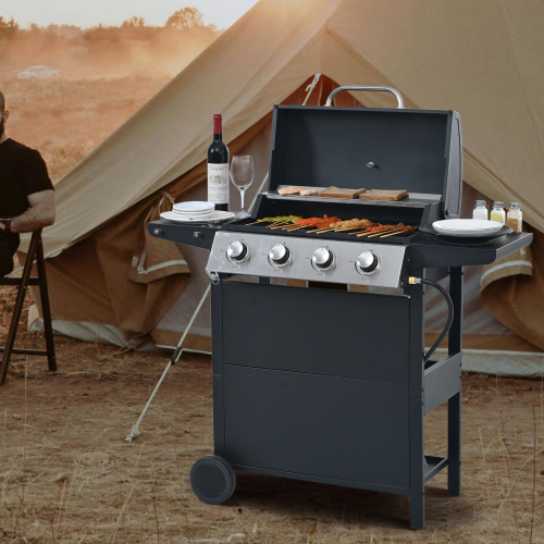 Propane Gas Grill 4 Burner Barbecue Grill, Stainless Steel 34,000 BTU Patio Garden Barbecue Grill With Two Shelves, Lid, Wheels And Bottle Opener - Image 9