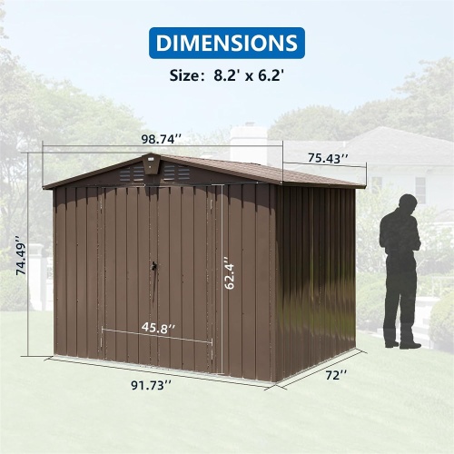 Outdoor Storage Shed 8.2' X 6.2', Metal Steel Utility Tool Shed Storage House With Double Lockable Doors &Air Vents For Backyard Patio Garden Lawn Brown - Image 4