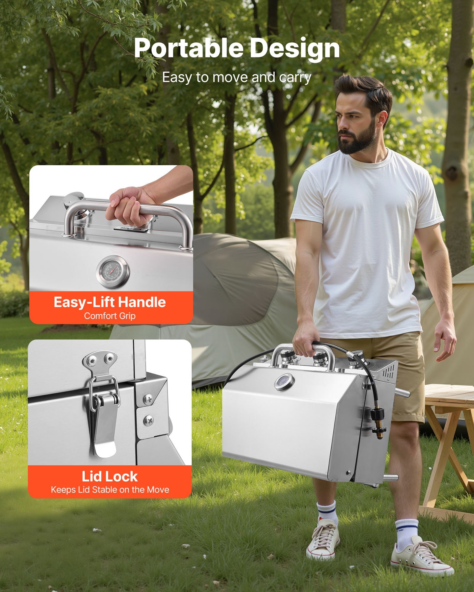 Tabletop Gas Grill, 3-Burner Stainless Steel Portable Propane Grill, With Built-in Thermometer, Travel Locks, Weatherproof Lid, 22,500 BTU Total, For Outdoor Cooking, Patio, Party, Camping, RV - Image 4