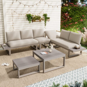 5-6 Seater Garden Lounge Set, Galvanized Iron Frame Outdoor Patio Furniture, 6-Piece Set, Reclining & Adjustable Seating, 2 WPC Tabletop Table Included, Beige Fabric Khaki Frame