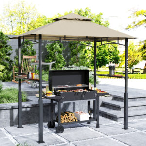 8' X 5' Outdoor Grill Gazebo, Barbecue Gazebo Shelter With LED Light, 2 Side Shelves, Hooks, Bottle Opener, Khaki