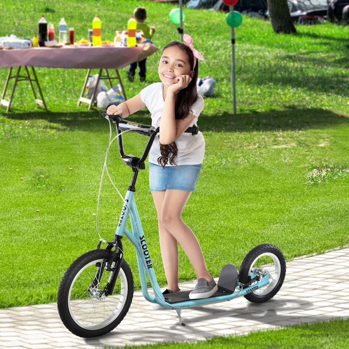 Teens Youth Scooter Ride On Toy With Adjustable Handlebar, Dual Brakes, And Inflatable Wheels For Kids 5+, Blue