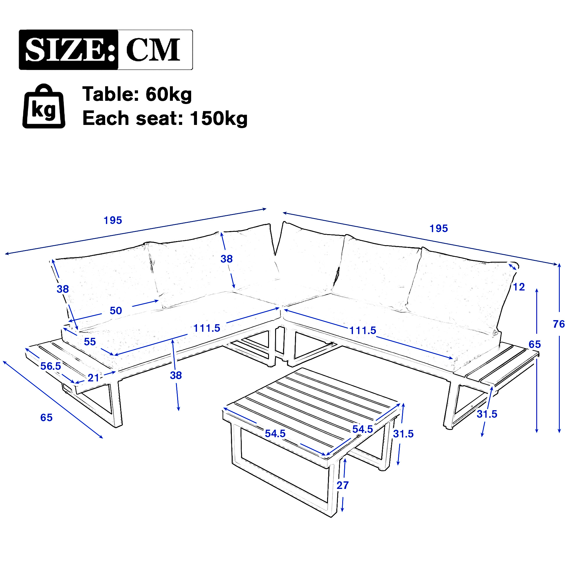 4-5 Seater Garden Lounge Set, Galvanized Iron Frame Outdoor Patio Furniture, 4-Piece Set, Reclining & Adjustable Seating, WPC Tabletop Table Included, Gray Fabric Black Frame - Image 3